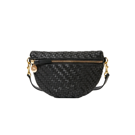 Black woven handbag with gold zipper and chain detail on a white background