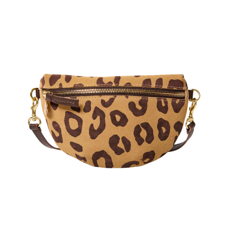 Leopard print fanny pack with gold zipper on a white background