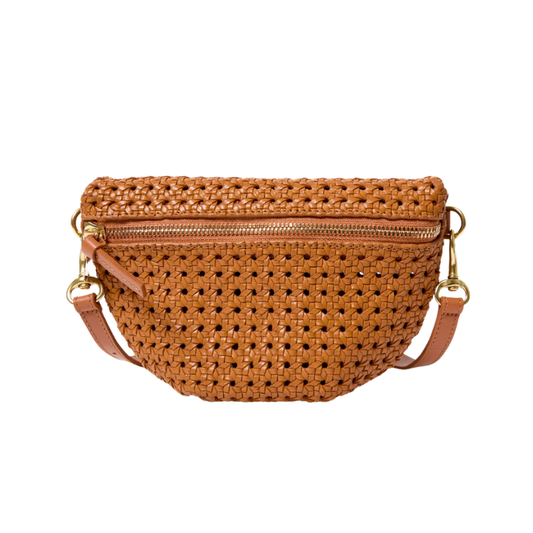 Brown woven handbag with gold accents on a white background