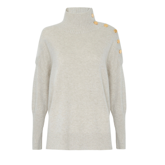 Light gray sweater with yellow buttons on a white background