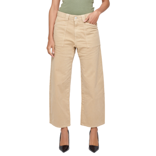 Beige wide-leg pants worn by a person on a white background