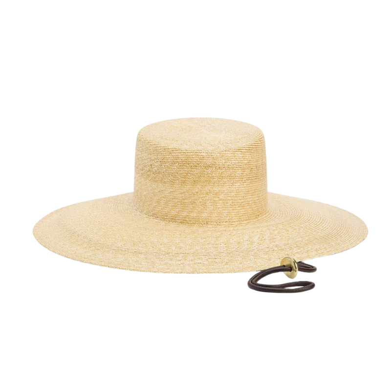 Beige straw hat with a wide brim on a white background