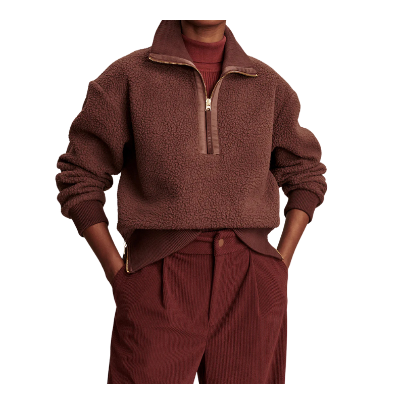 Brown fleece pullover with a quarter zip and matching pants on a white background