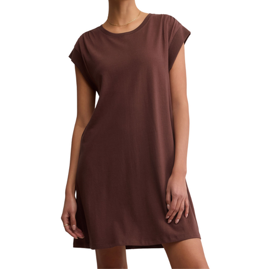 Brown dress worn by a model on a white background