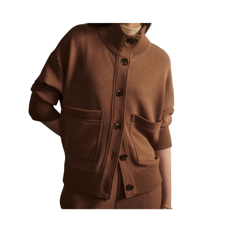 Brown cardigan with button details on a white background