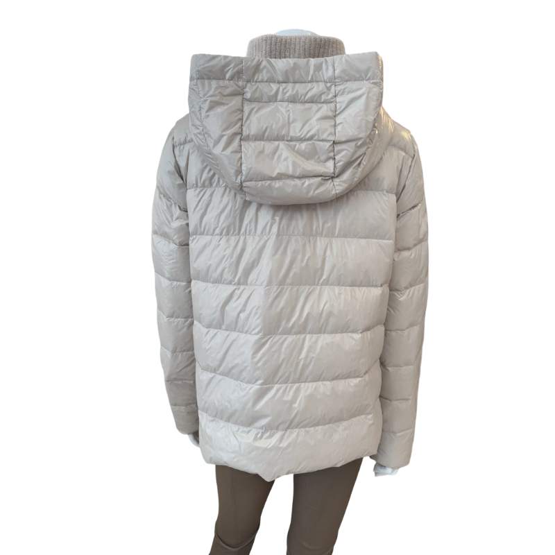 Light gray puffer jacket with a hood on a white background