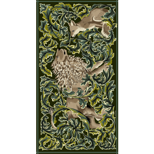 Decorative rug with fox design on a green background