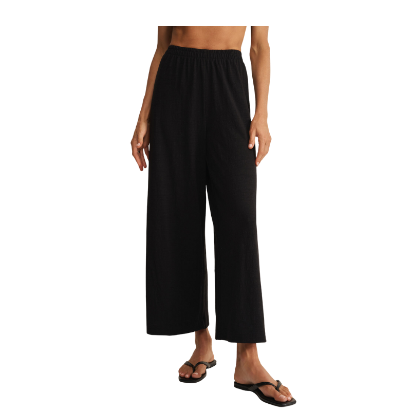 Person wearing black wide-leg pants on a white background