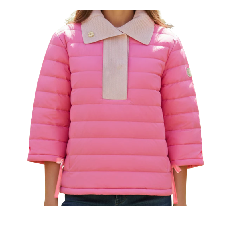 Pink puffer jacket with a white collar on a white background