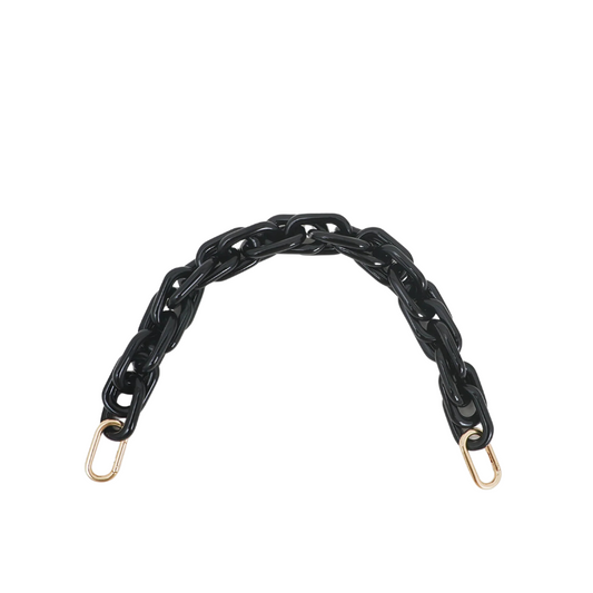 Black braided leather chain with gold hardware on a white background