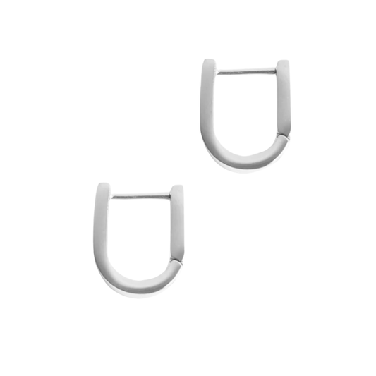 Pair of silver U-shaped hoop earrings on a white background