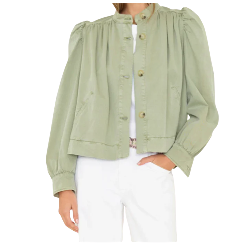 Light green jacket with puff sleeves worn by a person on a white background
