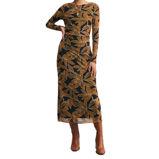 Long-sleeve dress with a leaf pattern on a white background