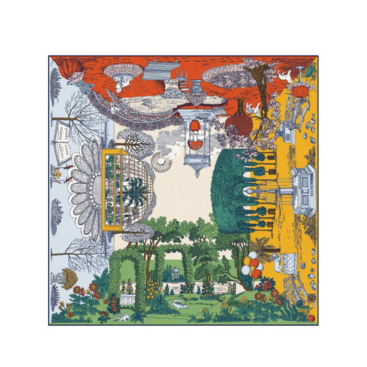 Colorful tapestry with a garden scene, architectural elements, and nature.