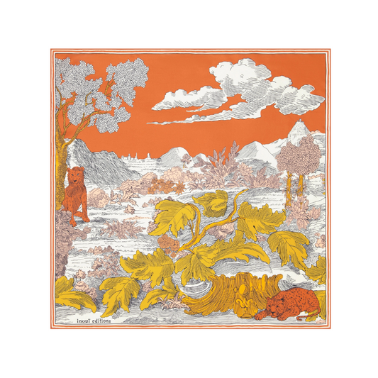 Illustration of a landscape with trees, animals, and mountains on an orange background
