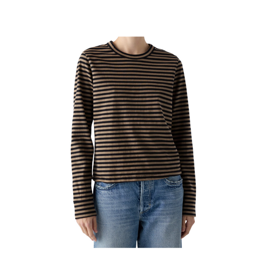 Mannequin wearing a brown and black striped long-sleeve shirt with blue jeans on a white background