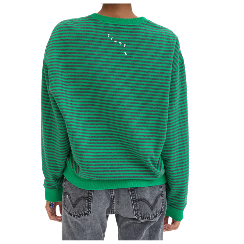 Green striped sweater worn by a person on a white background