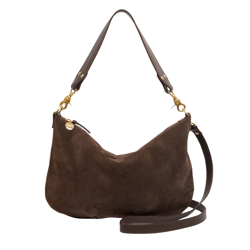 Brown handbag with gold accents on a white background