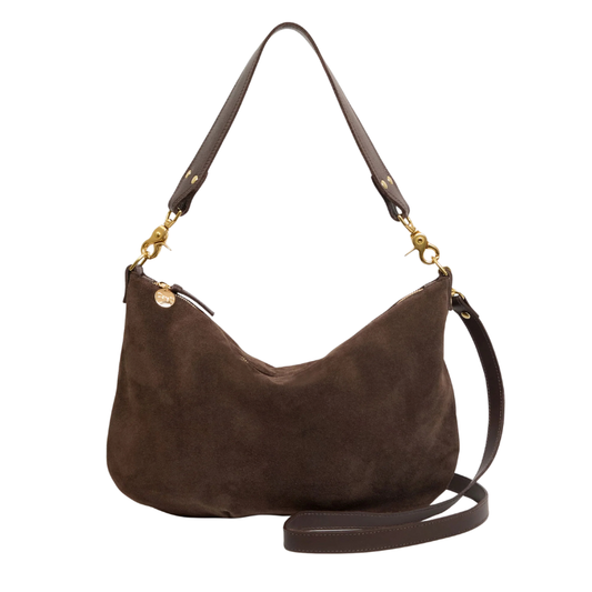 Brown handbag with gold accents on a white background