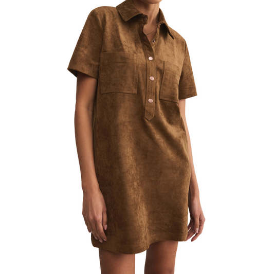 Brown suede dress worn by a person on a white background