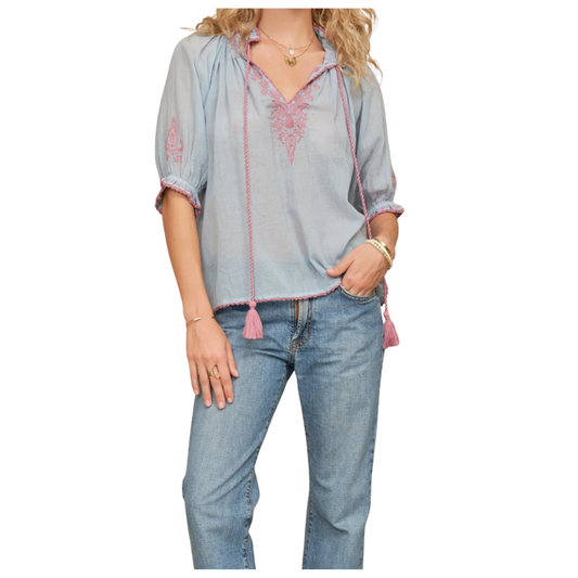 Woman wearing a light blue blouse with lace details and jeans on a white background