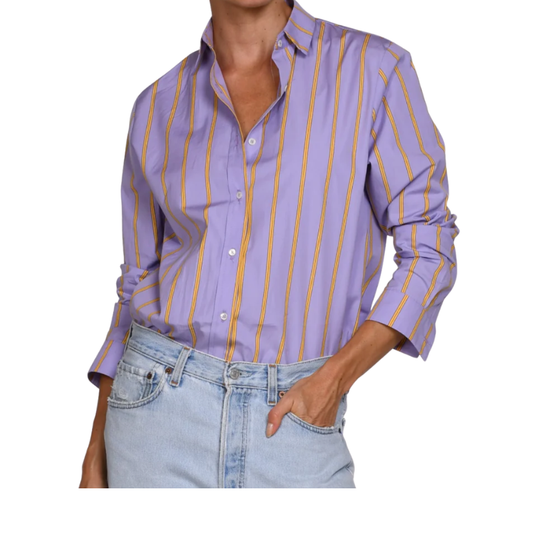 Person wearing a purple and yellow striped shirt with rolled-up sleeves on a white background