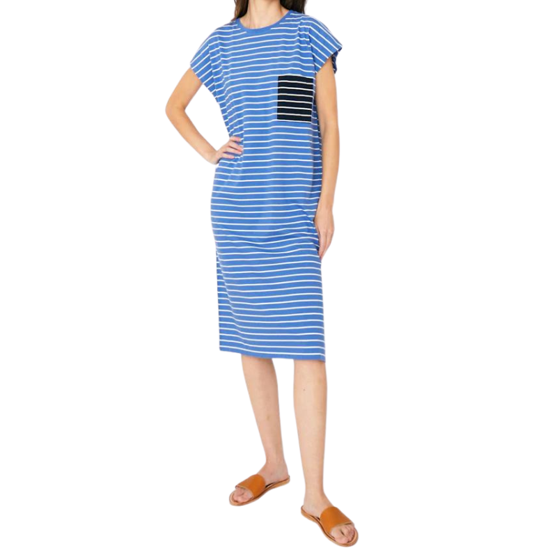 Woman wearing a blue and white striped dress on a white background