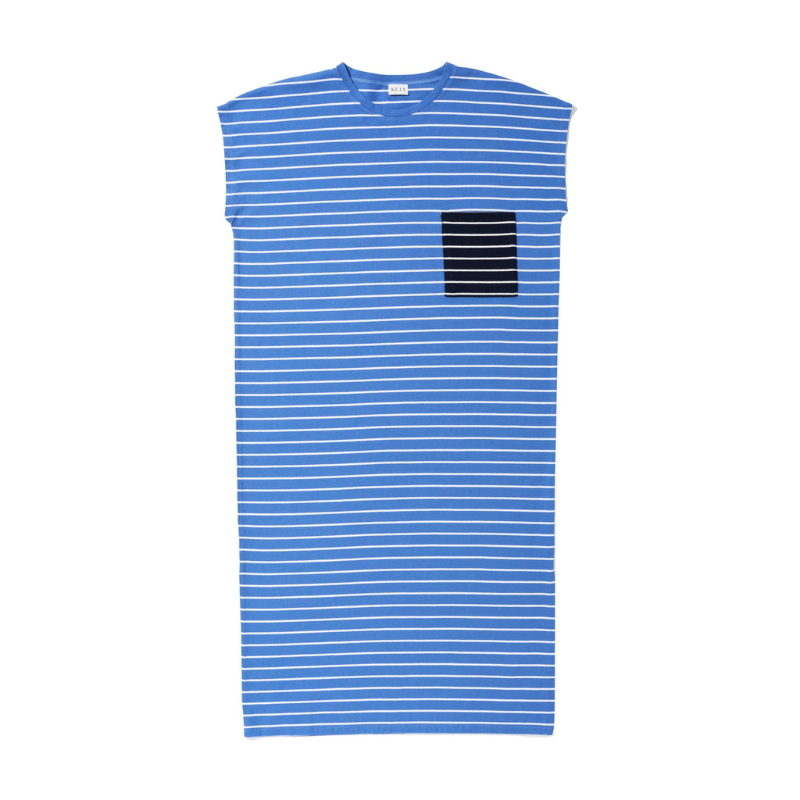 Blue and white striped sleeveless shirt with a black pocket on a white background