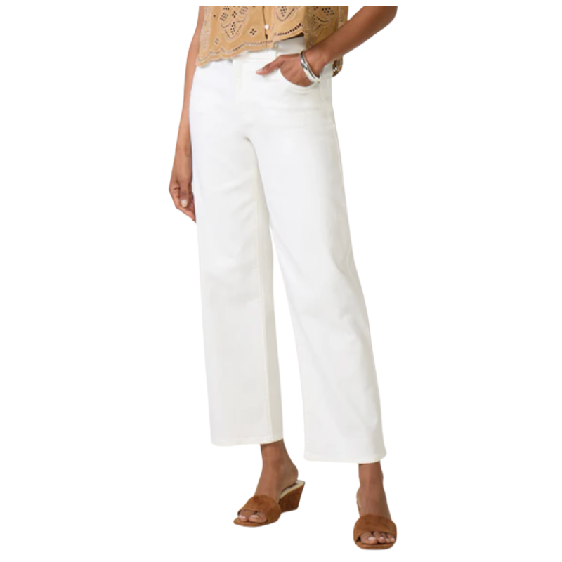 White pants worn by a person on a white background