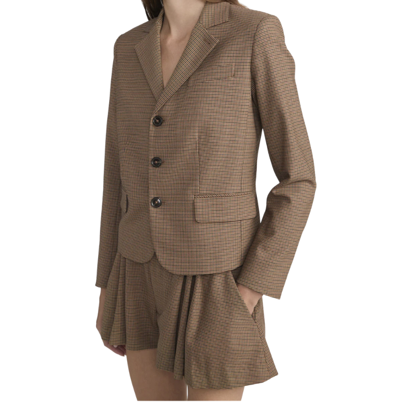 Brown checkered suit with jacket and skirt on a white background