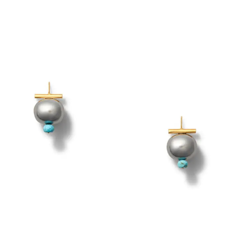 Pair of earrings with gray beads and gold and turquoise accents on a white background