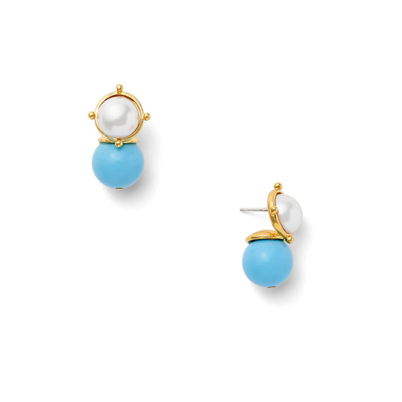 Pair of earrings with turquoise stones and gold accents on a white background