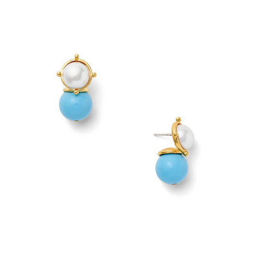 Pair of earrings with turquoise stones and gold accents on a white background