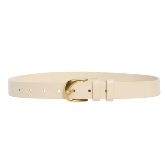 Beige belt with a gold buckle on a white background
