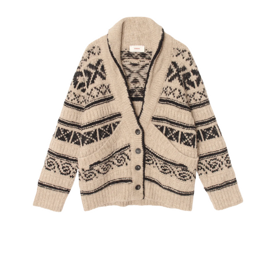 Beige cardigan with black pattern on a white background