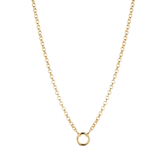 Gold necklace with a small round pendant on a white background