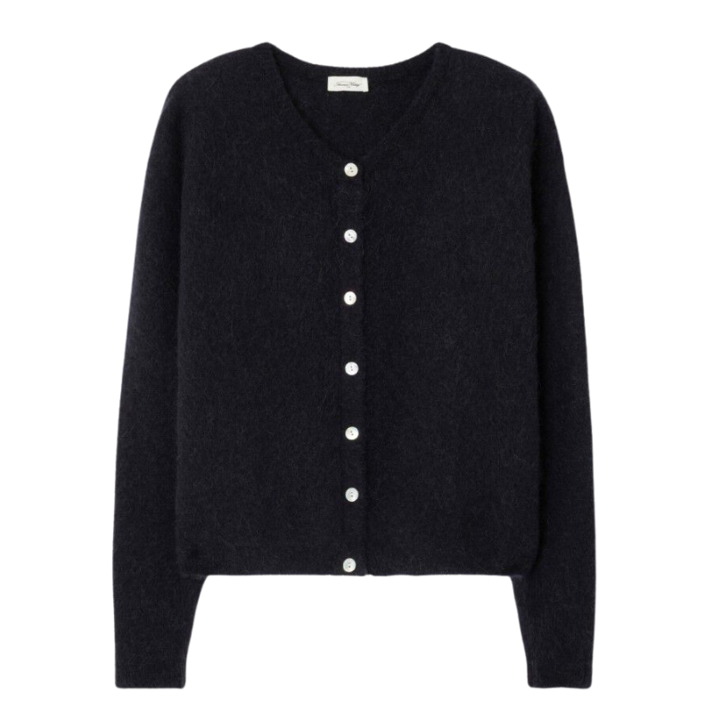 Black cardigan with white buttons on a white background