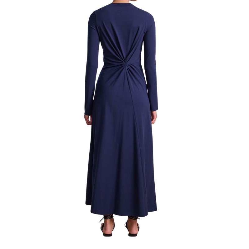 Navy blue long-sleeve dress with a knot detail at the back on a white background