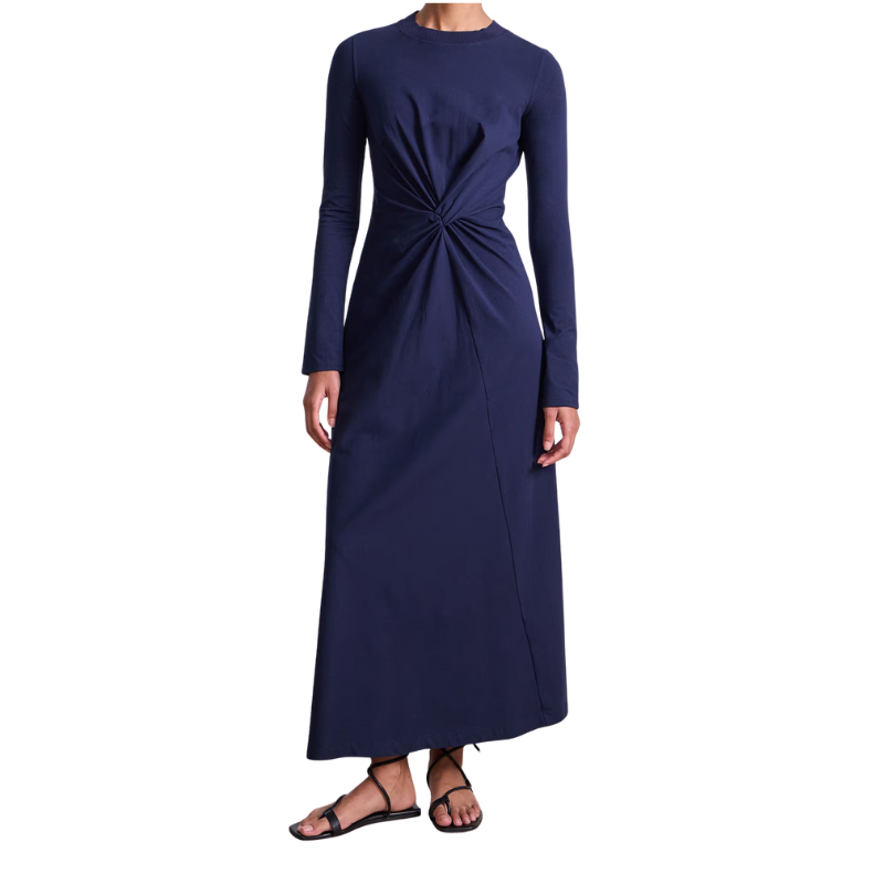Navy blue long-sleeve dress with a knot detail on a white background