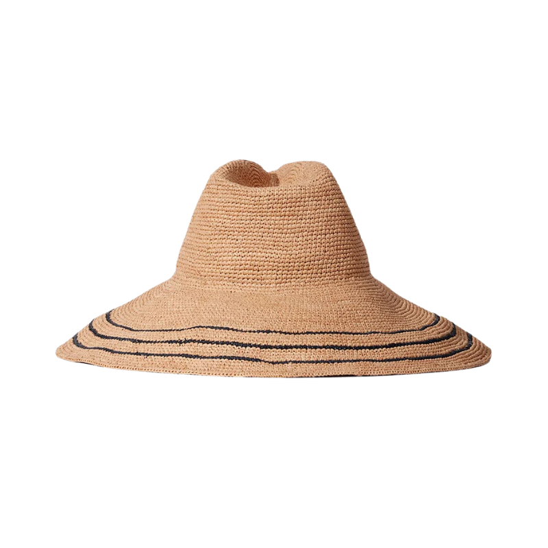 Beige straw hat with black stripes on a white background