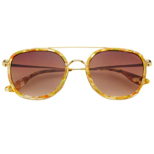 Sunglasses with gold frame and brown lenses on a white background