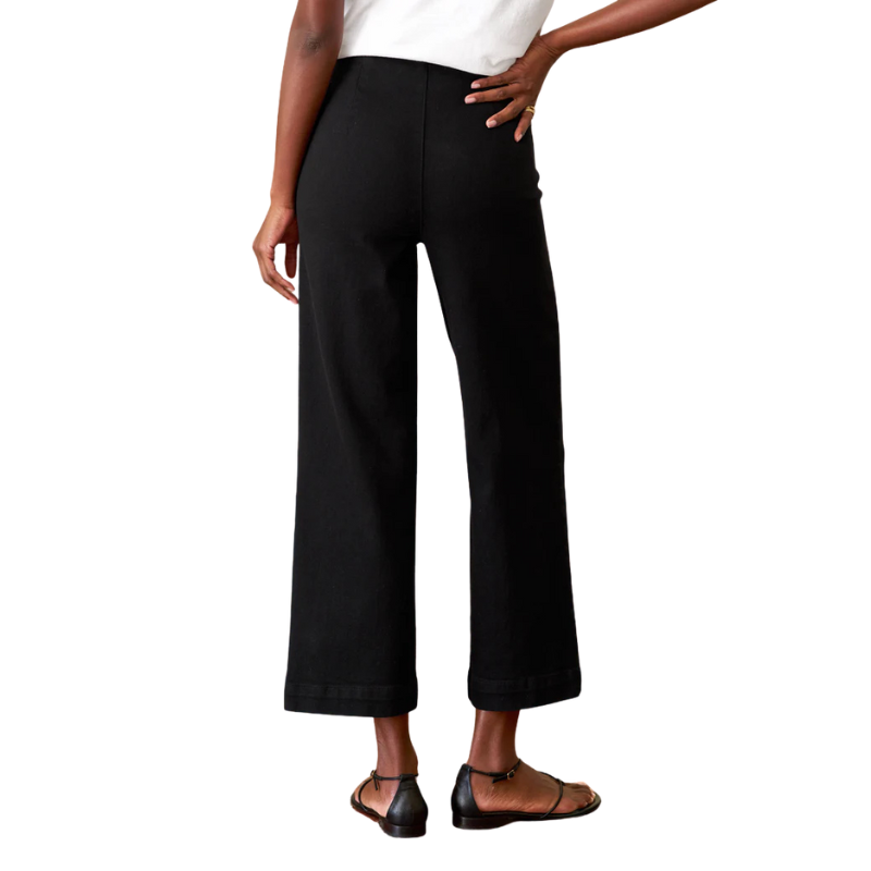 Black wide-leg pants worn by a person on a white background