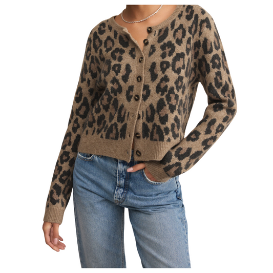 Leopard print cardigan worn by a person on a white background