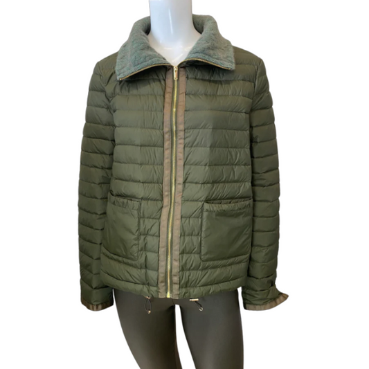 Green puffer jacket on a mannequin against a white background