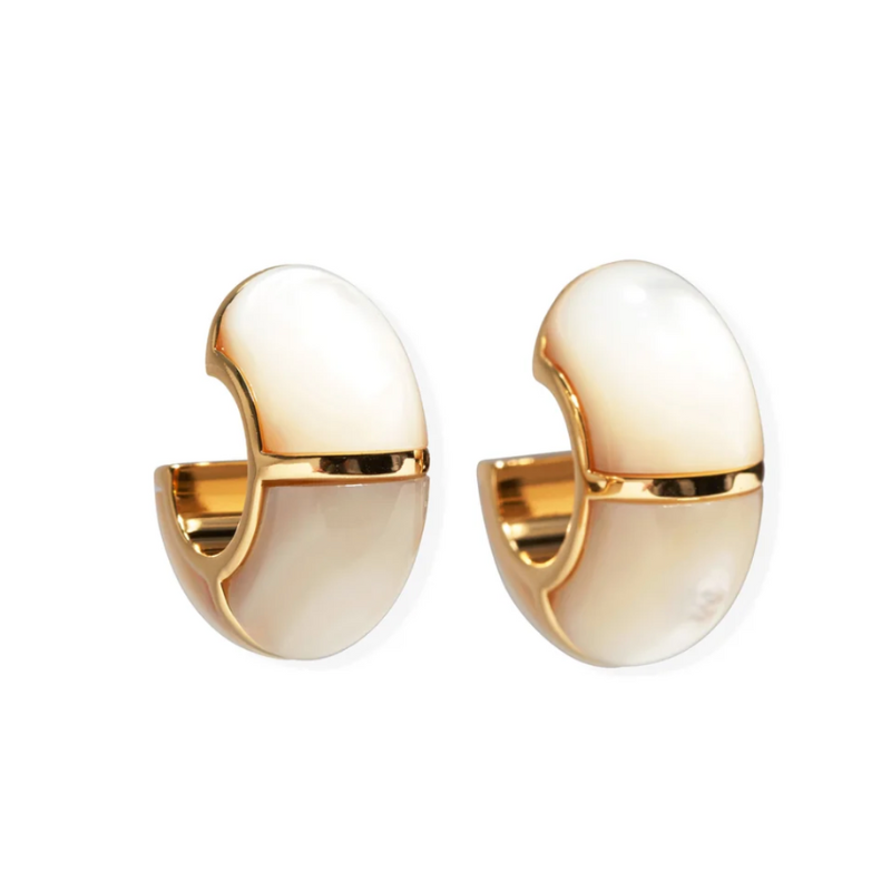 Pair of gold and beige earrings on a white background